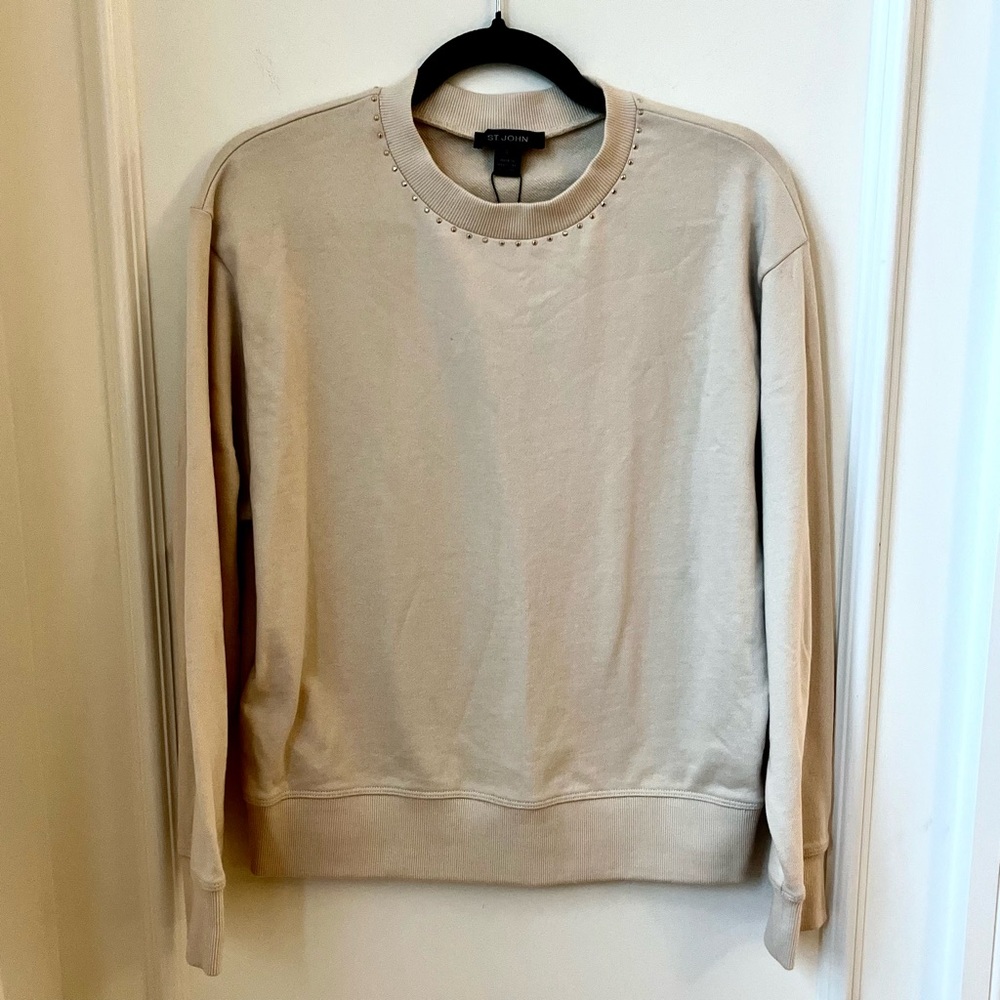 St. John NWT Beige/Tan Cotton Crew Neck Sweater With Studs Women’s Size Small